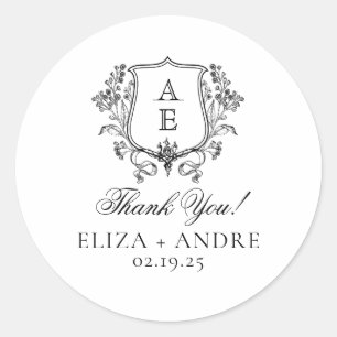 Elegantes Black & White Monogram Leaf Wappen Hochz Runder Aufkleber