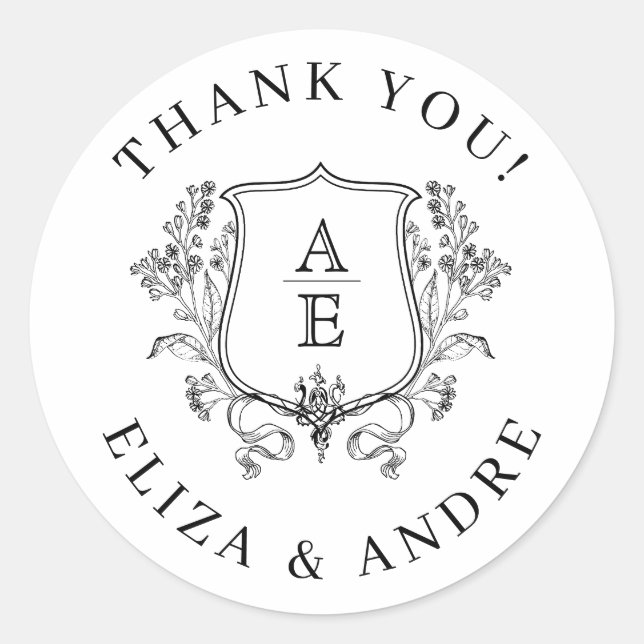 Elegantes Black & White Monogram Leaf Wappen Hochz Runder Aufkleber (Vorderseite)