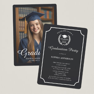Elegantes Black & White School Emblem Grad Foto Einladung