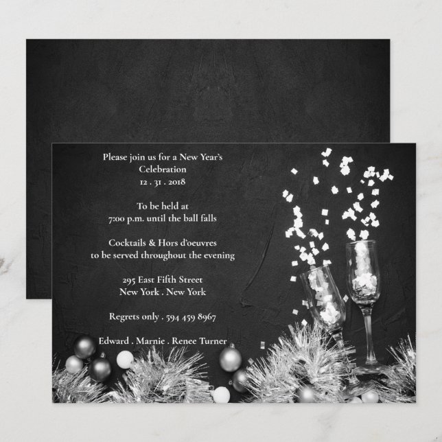 Elegantes Black & White Silvester Party Einladung (Vorne/Hinten)
