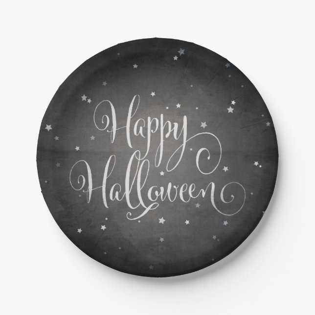 Elegantes Black + White Stars Glückliches Hallowee Pappteller (Vorderseite)