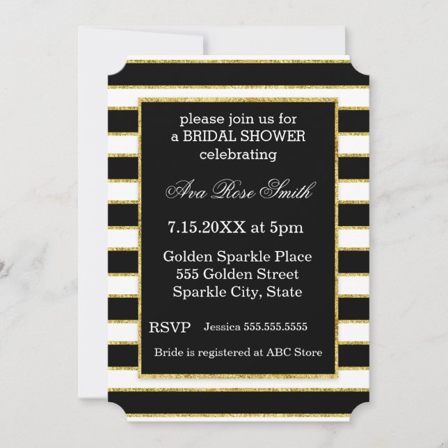 Elegantes Black+White Stripe & Gold Brautparty Einladung (Vorderseite)
