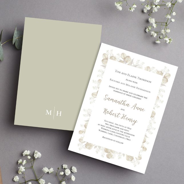 Elegantes Blatt Grüner botanischer Garten Einladung (Simple and elegant sage green and cream foliage wedding invitation.)
