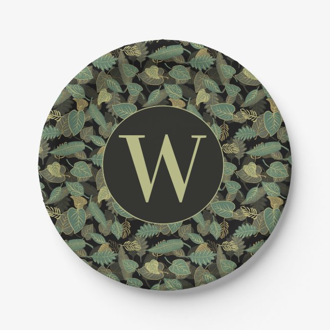 Elegantes Blattdesign Botanisches Initial Pappteller (Vorderseite)