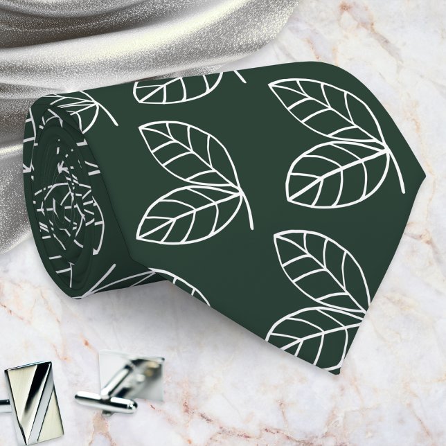 Elegantes Blattmuster Dunkelgrün Krawatte (A dark green tie with a pattern of white line-art leaves in a modern style)