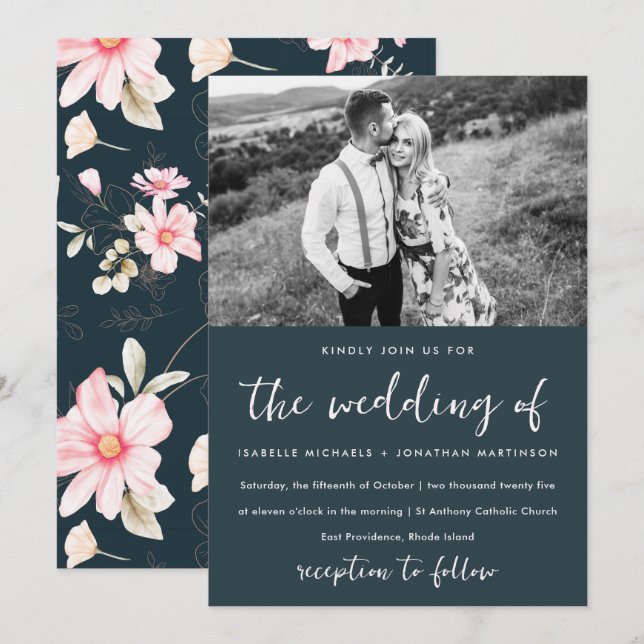 Elegantes Blau Blush Blumenmuster Foto Hochzeit Einladung (Vorne/Hinten)