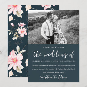 Elegantes Blau Blush Blumenmuster Foto Hochzeit Einladung