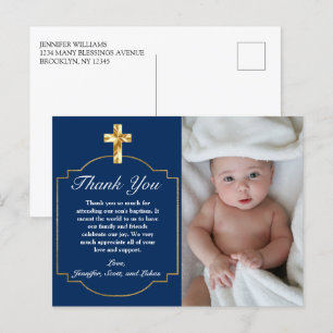Elegantes Blau Goldenes Kreuz Jungen Tauf Danke Postkarte