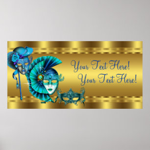 Elegantes blau-goldenes Maskenparty-Banner Poster