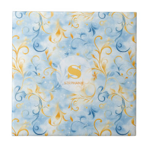 Elegantes blau-goldenes Paisley-inspiriertes Blatt Fliese