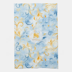 Elegantes blau-goldenes Paisley-inspiriertes Blatt Geschirrtuch