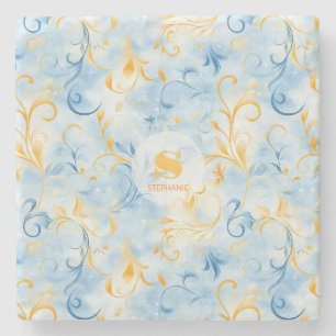Elegantes blau-goldenes Paisley-inspiriertes Blatt Steinuntersetzer