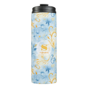 Elegantes blau-goldenes Paisley-inspiriertes Blatt Thermosbecher