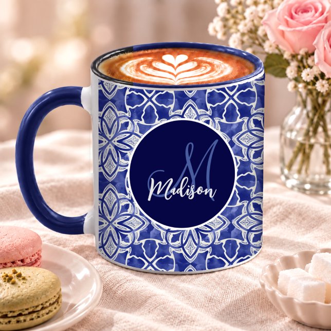 Elegantes Blau-Grau-Initial-Monogramm-Geschenk Tasse (Von Creator hochgeladen)