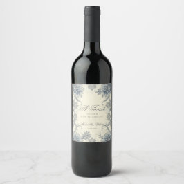 Elegantes blau-graues Blumen-Wein-Flaschen-Hochzei Weinetikett