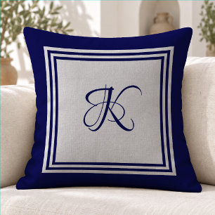 Elegantes Blau-Graues Modernes Quadratisches Monog Kissen