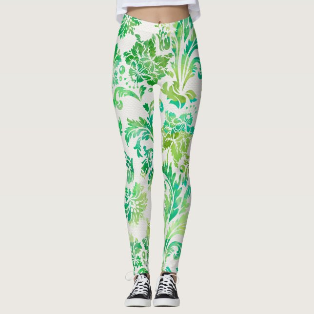 Elegantes Blau, Grün und Gelb-Damaskus-Muster Leggings (Vorderseite)