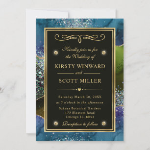 Elegantes Blau, Grün und Gold Glitter Achat Hochze Einladung