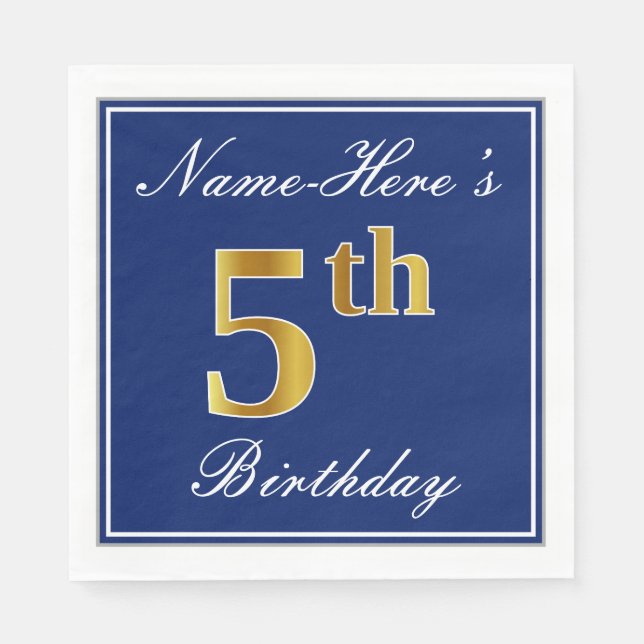 Elegantes Blau, Imitate Gold 5. Geburtstag + Indiv Serviette (Vorderseite)