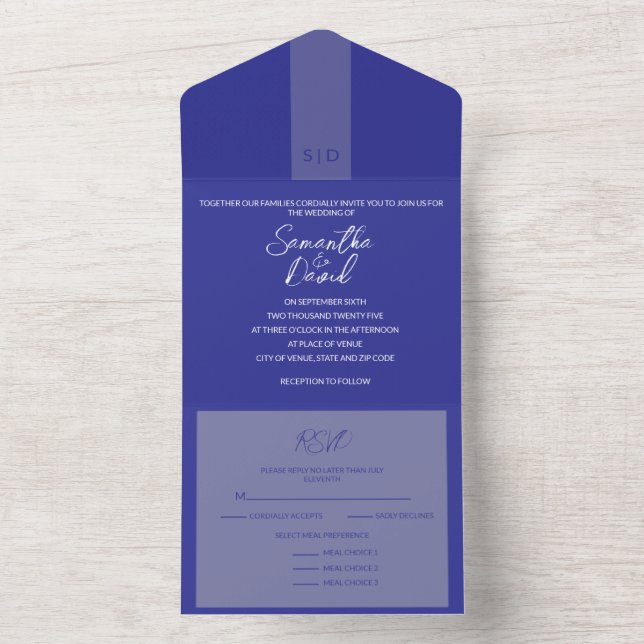 Elegantes Blau in einer Hochzeit Einladung (Innen Boden)