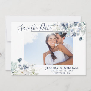 Elegantes Blau Laub FOTO Hochzeit Termin vormerken Save The Date