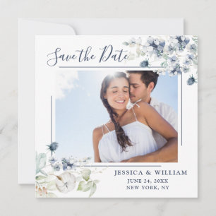 Elegantes Blau Laub FOTO Hochzeit Termin vormerken Save The Date