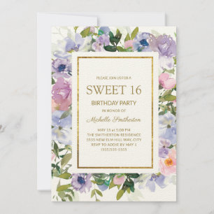 Elegantes Blau Lila Florales Gold Sweet 16 Geburts Einladung