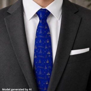 Elegantes Blau mit goldenen Weihnachtsbaum-Doodles Krawatte