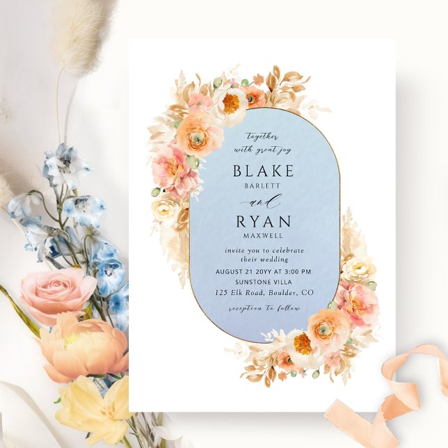 Elegantes Blau, Peach Blush und Cream Oval Wedding Einladung (Von Creator hochgeladen)