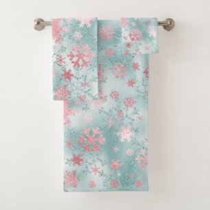 Elegantes Blau Pink Weihnachtsschneeflockenmuster Badhandtuch Set