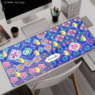 Elegantes Blau Rosa Sizilianisches Zitrus Collage Schreibtischunterlage