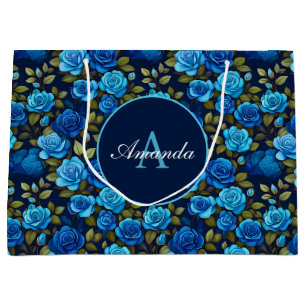 Elegantes Blau-Rose Blumenmuster Monogrammatisches Große Geschenktüte