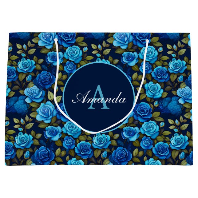 Elegantes Blau-Rose Blumenmuster Monogrammatisches Große Geschenktüte (Vorderseite)