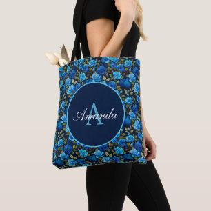 Elegantes Blau-Rose Blumenmuster Monogrammatisches Tasche