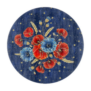 Elegantes Blau, Rot und Gold erinnern an Poppies Schneidebrett