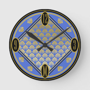 Elegantes Blau & Schwarz Art Deco Fächer Muster Mo Runde Wanduhr