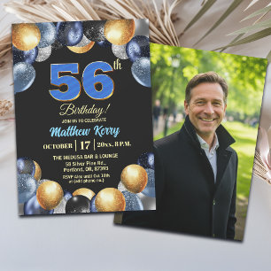 Elegantes Blau Silber Gold 56. Geburtstagsfoto Einladung