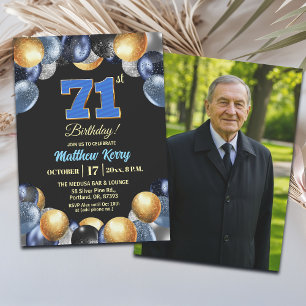 Elegantes Blau Silber Gold 71. Geburtstagsfoto Einladung