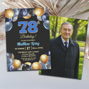 Elegantes Blau Silber Gold 78. Geburtstagsfoto Einladung