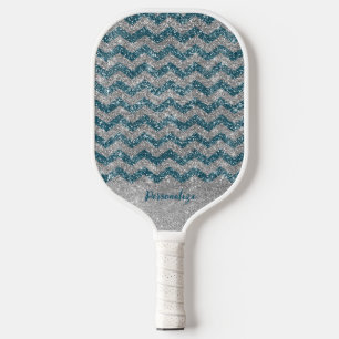 Elegantes blau silbernes Glitter Chevron Zig Zag Pickleball Schläger