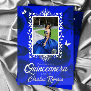 Elegantes Blau, Silberschmetterlinge Quinceanera F Folieneinladung