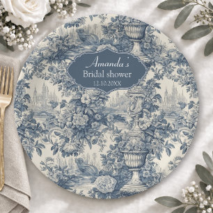 Elegantes Blau toile de jouy Polterabend Pappteller