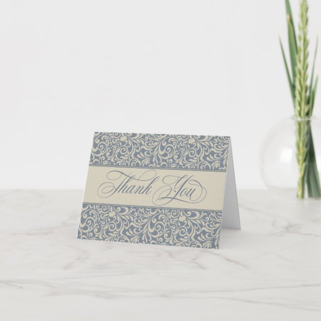 Elegantes Blau und Beige Barock Damask Vielen Dank Dankeskarte (Vorderseite)