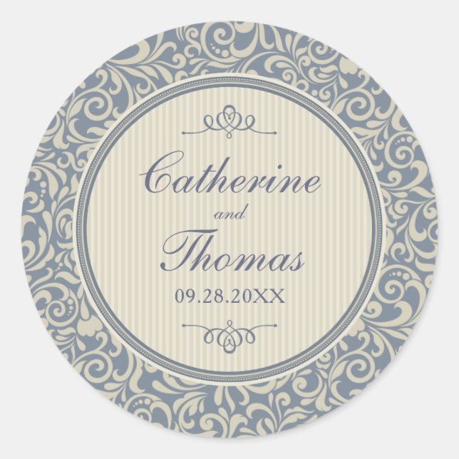 Elegantes Blau- und Beige Damask Muster Hochzeit Runder Aufkleber (Vorderseite)