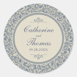 Elegantes Blau- und Beige Damask Muster Hochzeit Runder Aufkleber