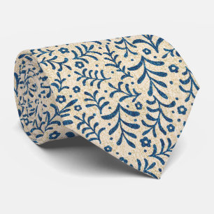 Elegantes Blau und Creme Botanisches Calico Muster Krawatte