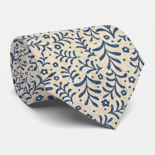 Elegantes Blau und Creme Botanisches Calico Muster Krawatte (Gerollt)
