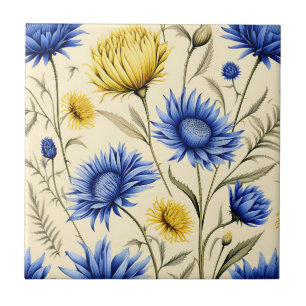 Elegantes Blau und Gelb Floral Fliese