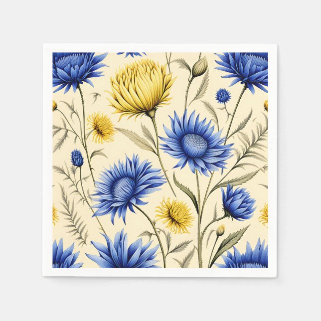 Elegantes Blau und Gelbe Blüte Serviette (Vorderseite)