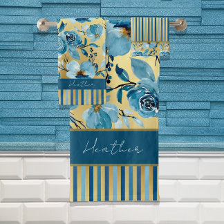 Elegantes Blau und Gold Aquarellfarben Badhandtuch Set